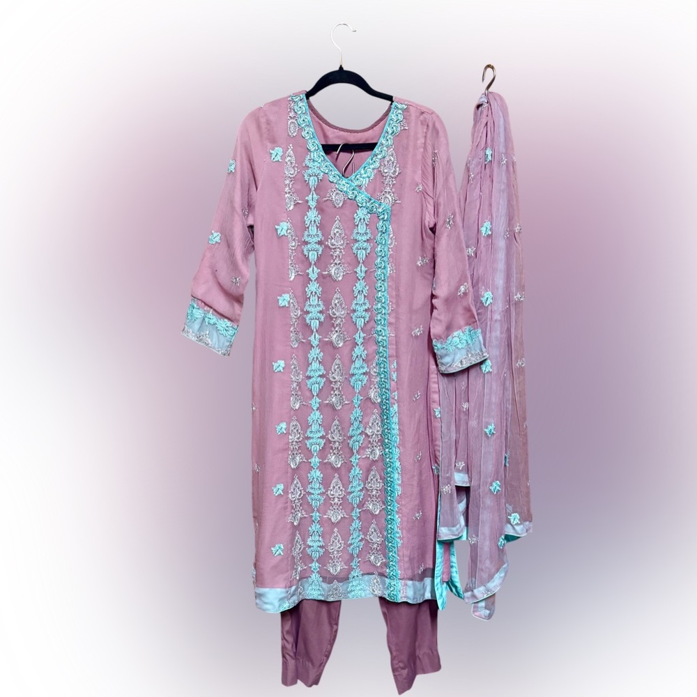 EUC Elegant Embroidered Kurta 3 pcs Dress in Pink and Blue with Pants & Dupatta